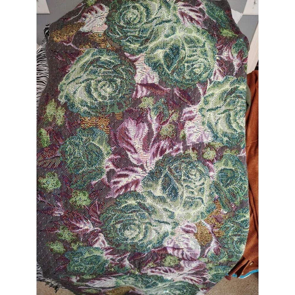 Vintage Large Floral Design Fringed Woven Citton Tapestry Throw Blanket 49x54
